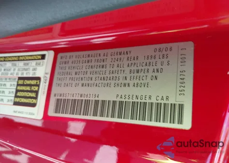 2007 Volkswagen Rabbit 2-Door из США, поврежденный, VIN WVWBS71K77W063194